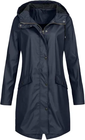FMCHICO Women's Long Rain Jacket Waterproof Lightweight Hooded Raincoat