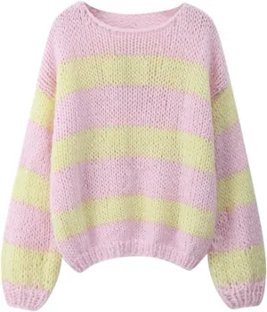 FOMOYUU Women Oversized Striped Sweater Color Block Knit Long Sleeve Sweatshirt Loose Pullover Y2K Preppy Jumper
