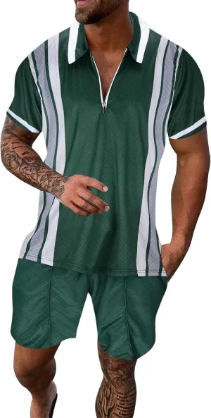 Fxbar Men's 2 Piece Short Sets Outfits Mens Polo Shorts 2 Piece Casual Summer Short Sleeve Sweatsuits Sets for Men 202