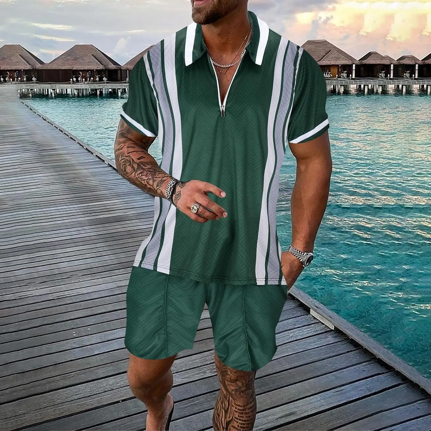 Fxbar Men's 2 Piece Short Sets Outfits Mens Polo Shorts 2 Piece Casual Summer Short Sleeve Sweatsuits Sets for Men 202