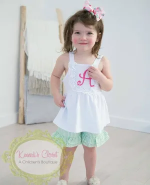 Girls bib tank with lace trim- white or light pink