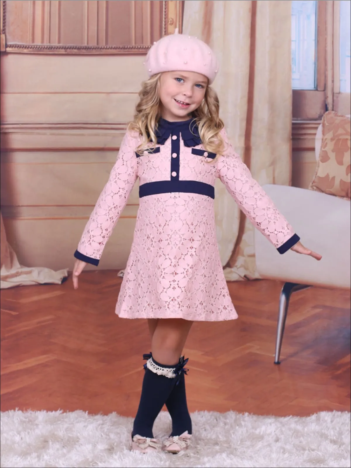 Girls Pink Lace Ruffled Collar A-Line Dress