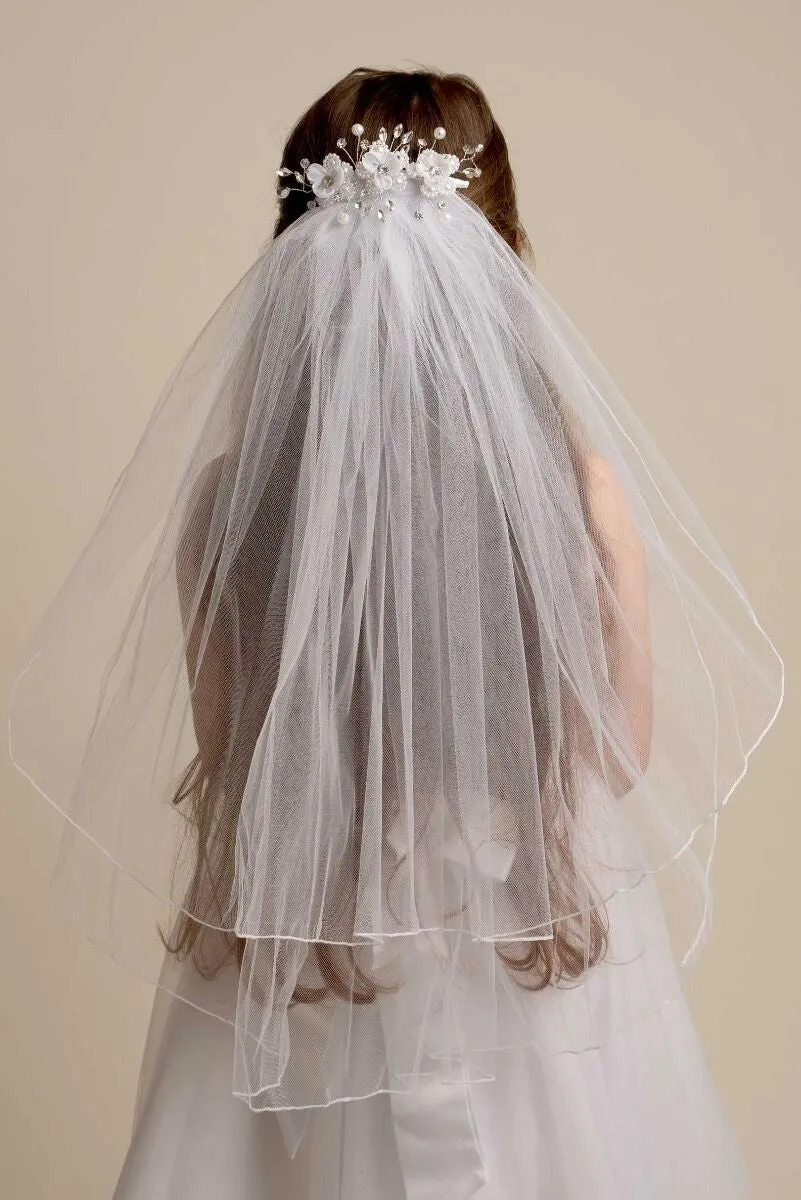Girls' White Layered Floral and Pearl Veil - CMV255