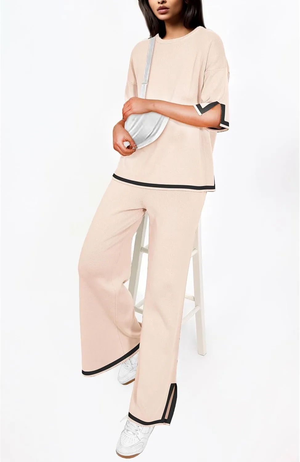 GOLDSTITCH Women's Summer Two Piece Outfits Casual Short Sleeve Knit Tops Wide Leg Pants Lounge Sets Tracksuits