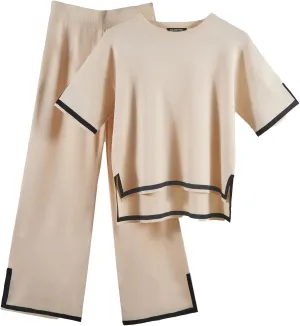 GOLDSTITCH Women's Summer Two Piece Outfits Casual Short Sleeve Knit Tops Wide Leg Pants Lounge Sets Tracksuits