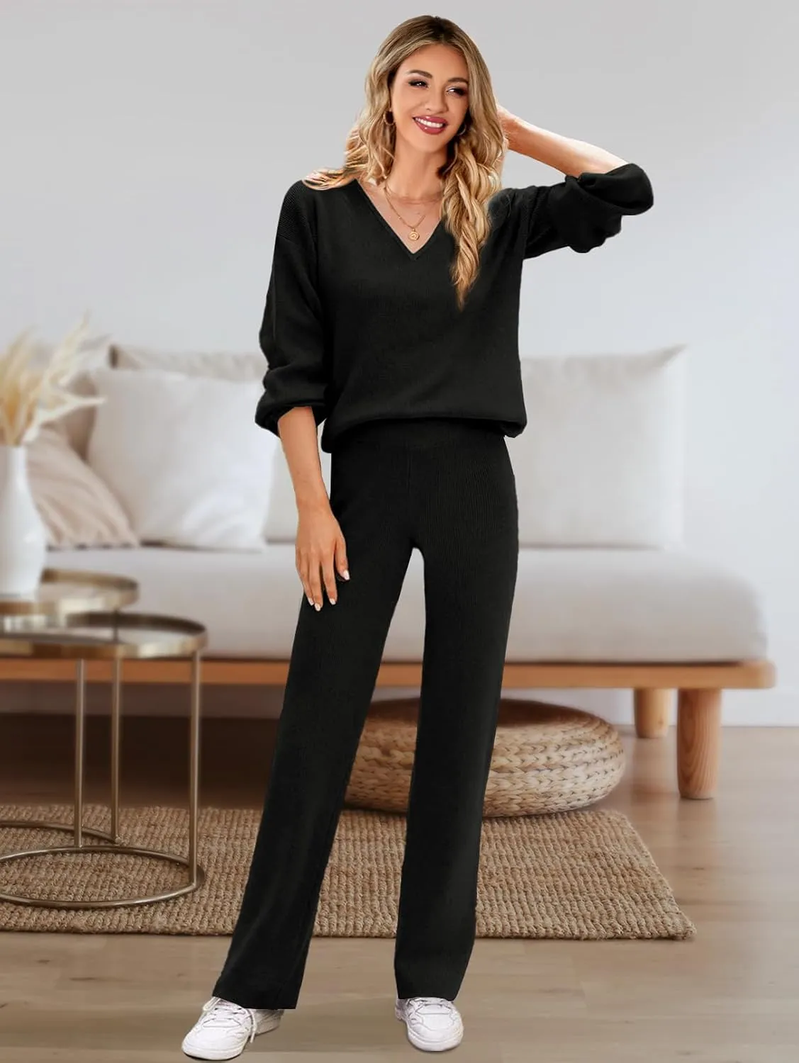 GOLDSTITCH Women's Two Piece Outfits Sweater Sets Long Sleeve Knit Pullover and Wide Leg Pants Sweatsuit