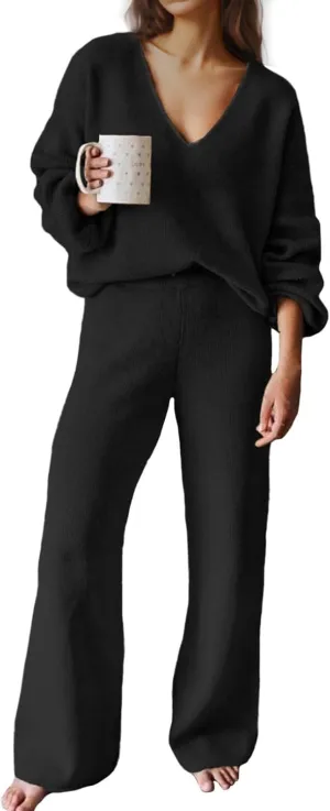 GOLDSTITCH Women's Two Piece Outfits Sweater Sets Long Sleeve Knit Pullover and Wide Leg Pants Sweatsuit