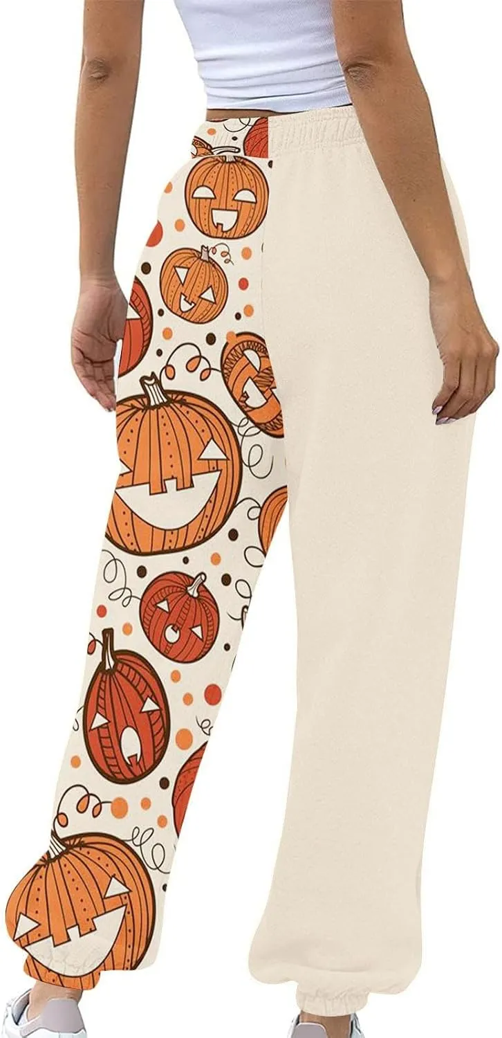 Halloween Sweatpants for Women Drawstring Ghost Print Fleece Joggers Pants High Waist Wide Leg Cinch Bottom Trousers