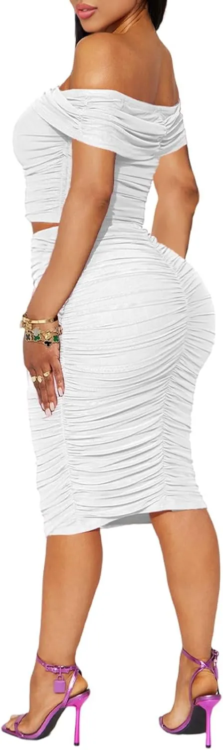 HESUUIO Women's Sexy Two Piece Skirt Set Mesh Off Shoulder Bodycon Ruched Midi Cocktail Party Dress Club Outfit