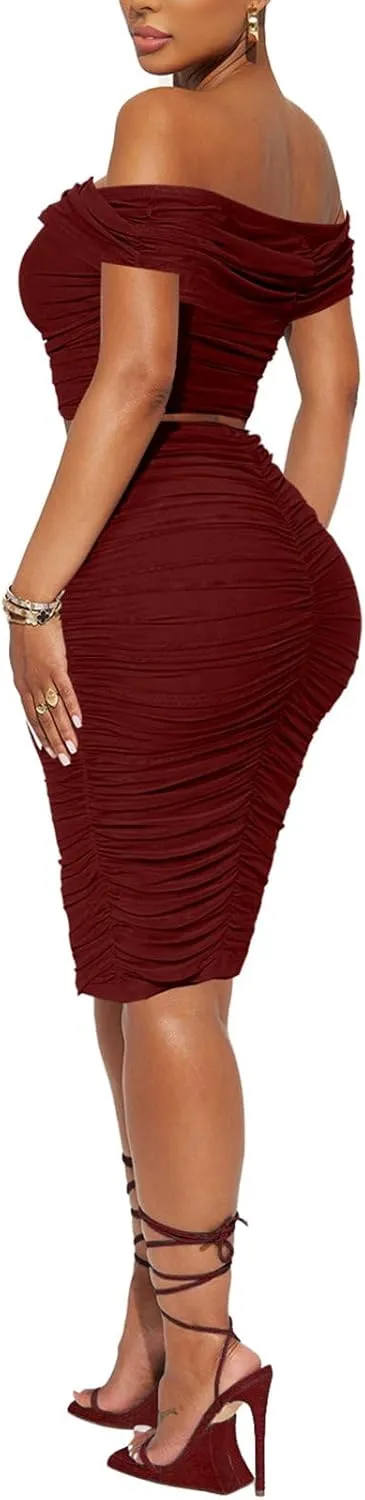 HESUUIO Women's Sexy Two Piece Skirt Set Mesh Off Shoulder Bodycon Ruched Midi Cocktail Party Dress Club Outfit