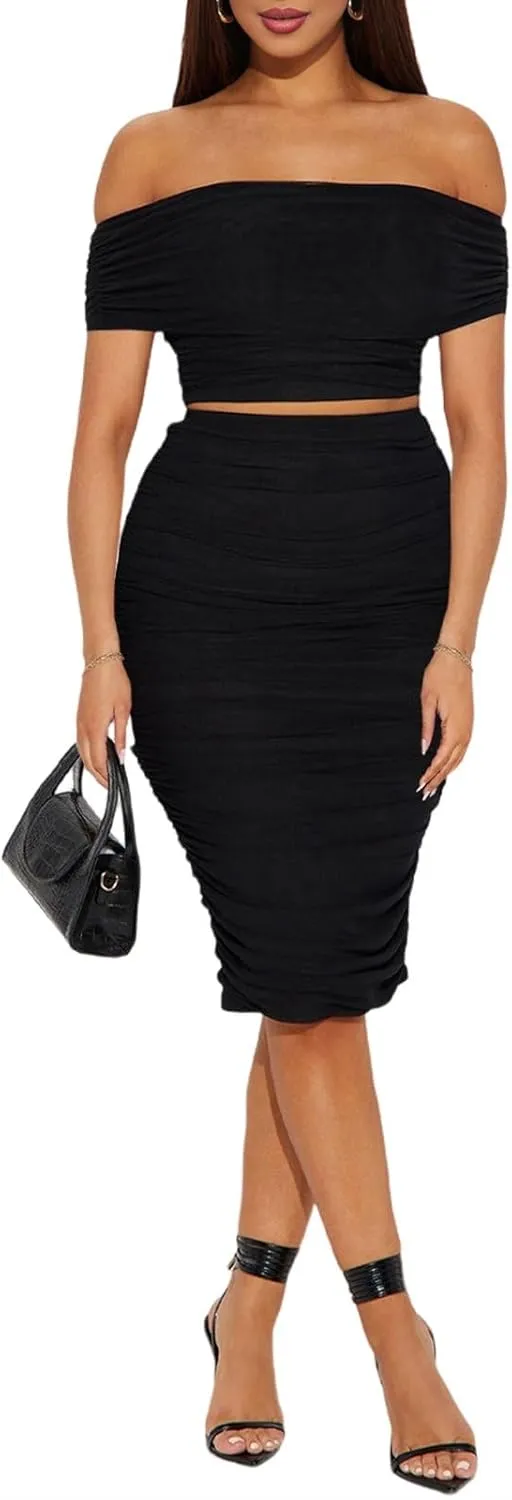 HESUUIO Women's Sexy Two Piece Skirt Set Mesh Off Shoulder Bodycon Ruched Midi Cocktail Party Dress Club Outfit