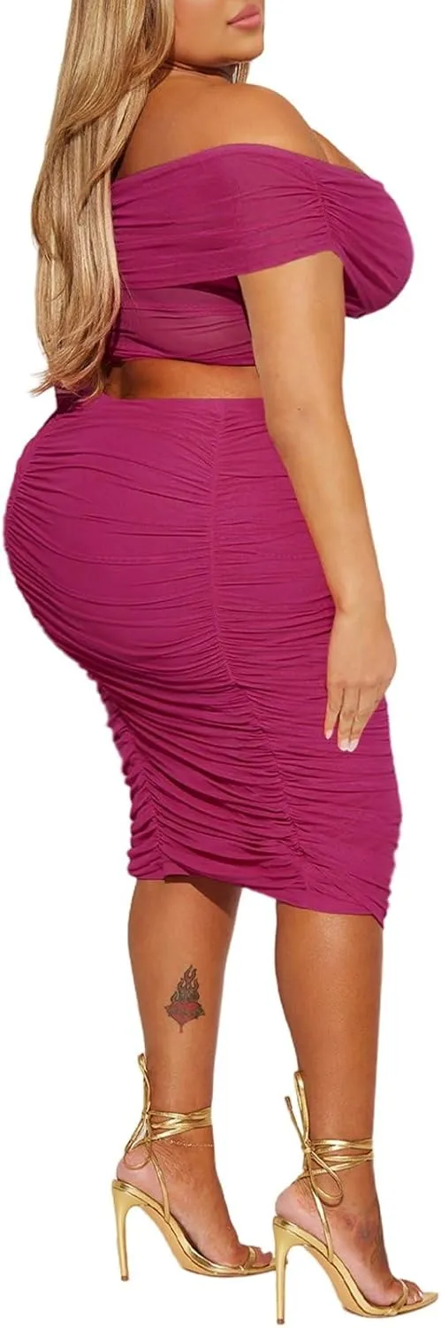 HESUUIO Women's Sexy Two Piece Skirt Set Mesh Off Shoulder Bodycon Ruched Midi Cocktail Party Dress Club Outfit
