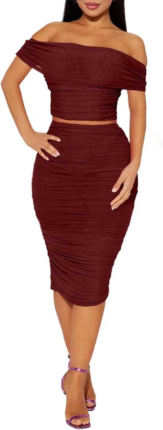 HESUUIO Women's Sexy Two Piece Skirt Set Mesh Off Shoulder Bodycon Ruched Midi Cocktail Party Dress Club Outfit