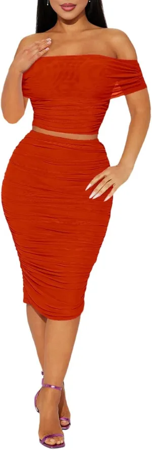 HESUUIO Women's Sexy Two Piece Skirt Set Mesh Off Shoulder Bodycon Ruched Midi Cocktail Party Dress Club Outfit
