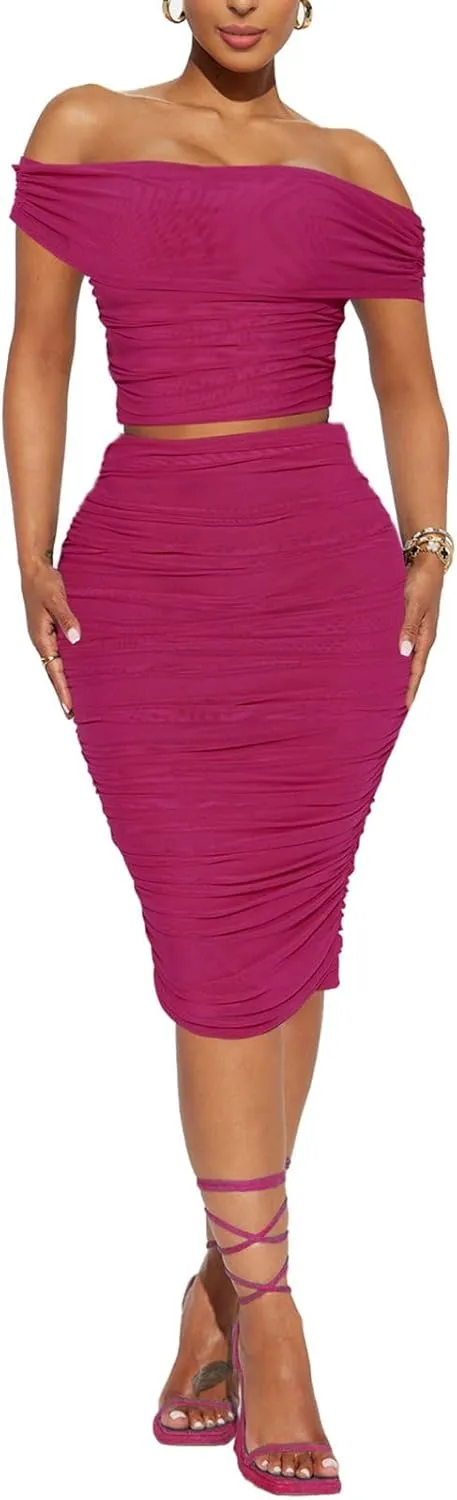 HESUUIO Women's Sexy Two Piece Skirt Set Mesh Off Shoulder Bodycon Ruched Midi Cocktail Party Dress Club Outfit