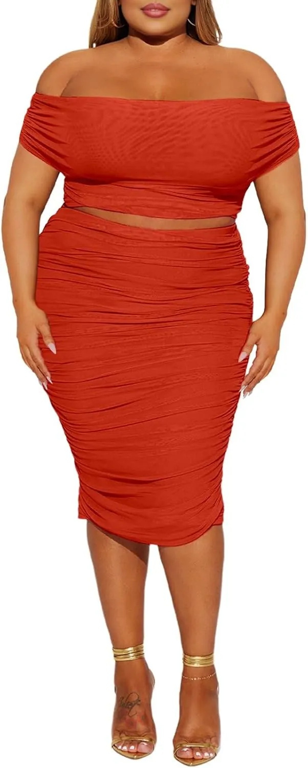 HESUUIO Women's Sexy Two Piece Skirt Set Mesh Off Shoulder Bodycon Ruched Midi Cocktail Party Dress Club Outfit