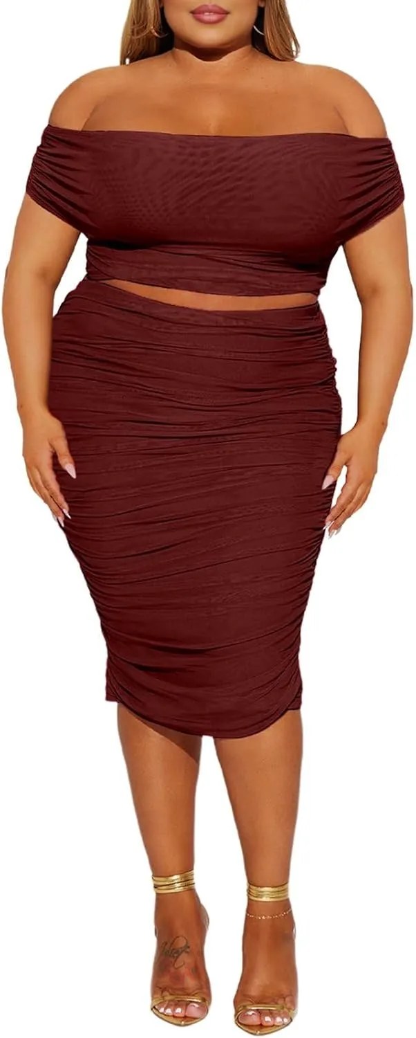HESUUIO Women's Sexy Two Piece Skirt Set Mesh Off Shoulder Bodycon Ruched Midi Cocktail Party Dress Club Outfit