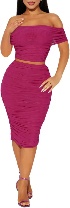 HESUUIO Women's Sexy Two Piece Skirt Set Mesh Off Shoulder Bodycon Ruched Midi Cocktail Party Dress Club Outfit