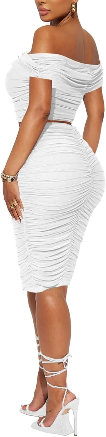 HESUUIO Women's Sexy Two Piece Skirt Set Mesh Off Shoulder Bodycon Ruched Midi Cocktail Party Dress Club Outfit