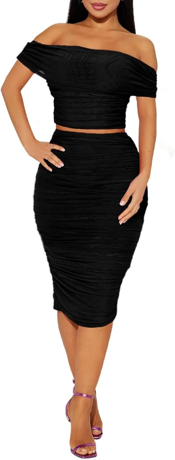 HESUUIO Women's Sexy Two Piece Skirt Set Mesh Off Shoulder Bodycon Ruched Midi Cocktail Party Dress Club Outfit