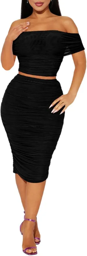 HESUUIO Women's Sexy Two Piece Skirt Set Mesh Off Shoulder Bodycon Ruched Midi Cocktail Party Dress Club Outfit
