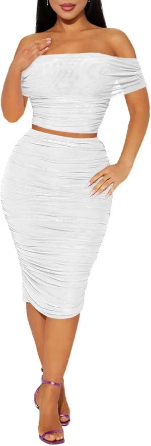 HESUUIO Women's Sexy Two Piece Skirt Set Mesh Off Shoulder Bodycon Ruched Midi Cocktail Party Dress Club Outfit
