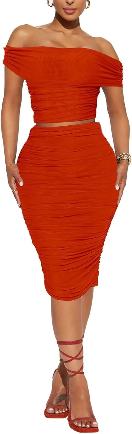 HESUUIO Women's Sexy Two Piece Skirt Set Mesh Off Shoulder Bodycon Ruched Midi Cocktail Party Dress Club Outfit
