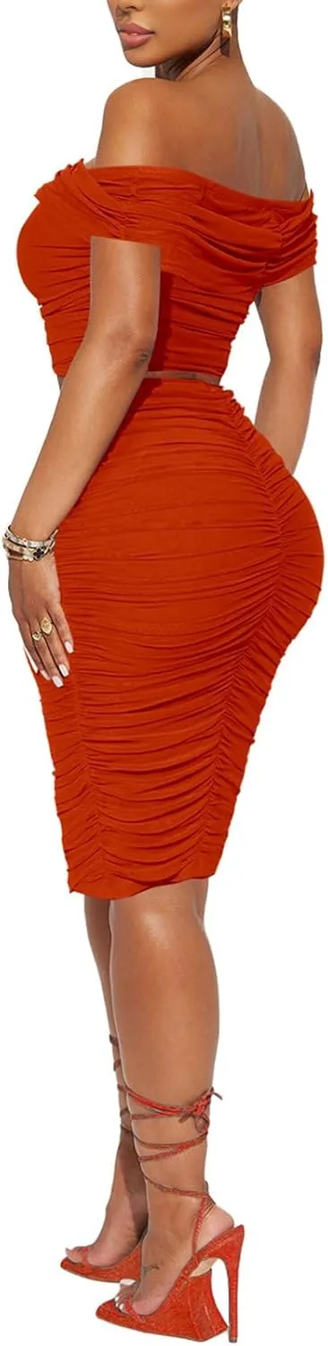 HESUUIO Women's Sexy Two Piece Skirt Set Mesh Off Shoulder Bodycon Ruched Midi Cocktail Party Dress Club Outfit