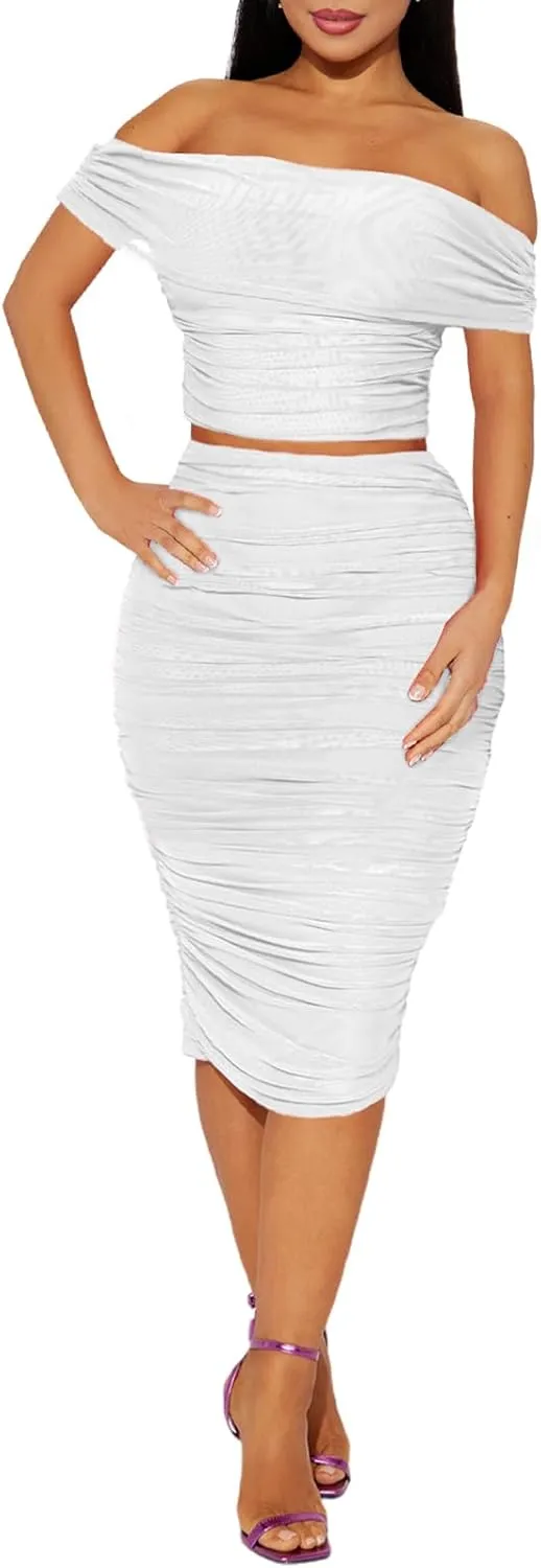 HESUUIO Women's Sexy Two Piece Skirt Set Mesh Off Shoulder Bodycon Ruched Midi Cocktail Party Dress Club Outfit