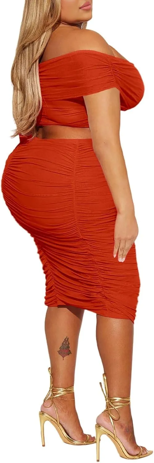 HESUUIO Women's Sexy Two Piece Skirt Set Mesh Off Shoulder Bodycon Ruched Midi Cocktail Party Dress Club Outfit