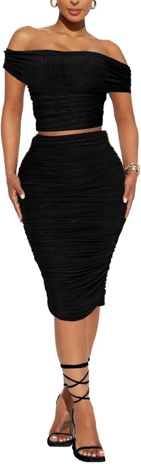 HESUUIO Women's Sexy Two Piece Skirt Set Mesh Off Shoulder Bodycon Ruched Midi Cocktail Party Dress Club Outfit