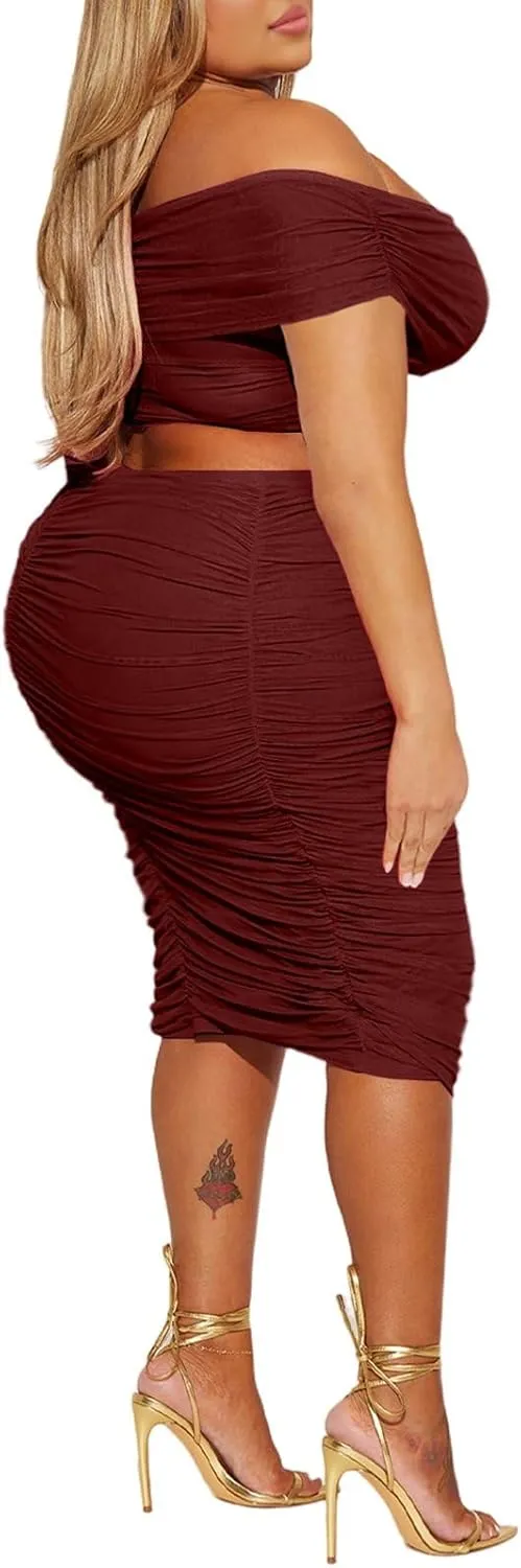 HESUUIO Women's Sexy Two Piece Skirt Set Mesh Off Shoulder Bodycon Ruched Midi Cocktail Party Dress Club Outfit