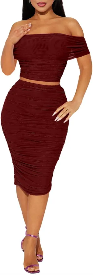 HESUUIO Women's Sexy Two Piece Skirt Set Mesh Off Shoulder Bodycon Ruched Midi Cocktail Party Dress Club Outfit