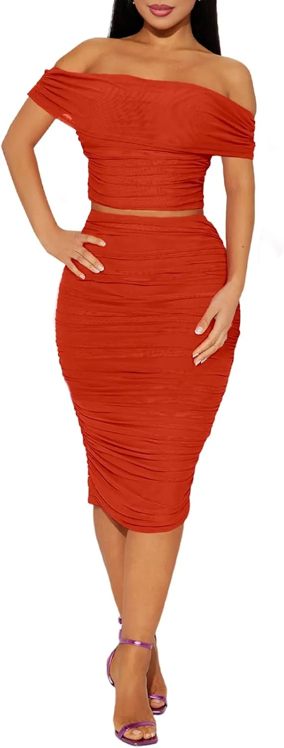 HESUUIO Women's Sexy Two Piece Skirt Set Mesh Off Shoulder Bodycon Ruched Midi Cocktail Party Dress Club Outfit