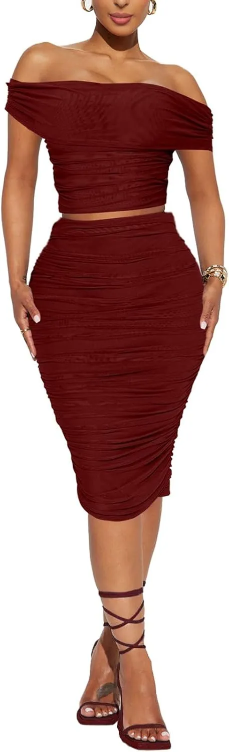 HESUUIO Women's Sexy Two Piece Skirt Set Mesh Off Shoulder Bodycon Ruched Midi Cocktail Party Dress Club Outfit