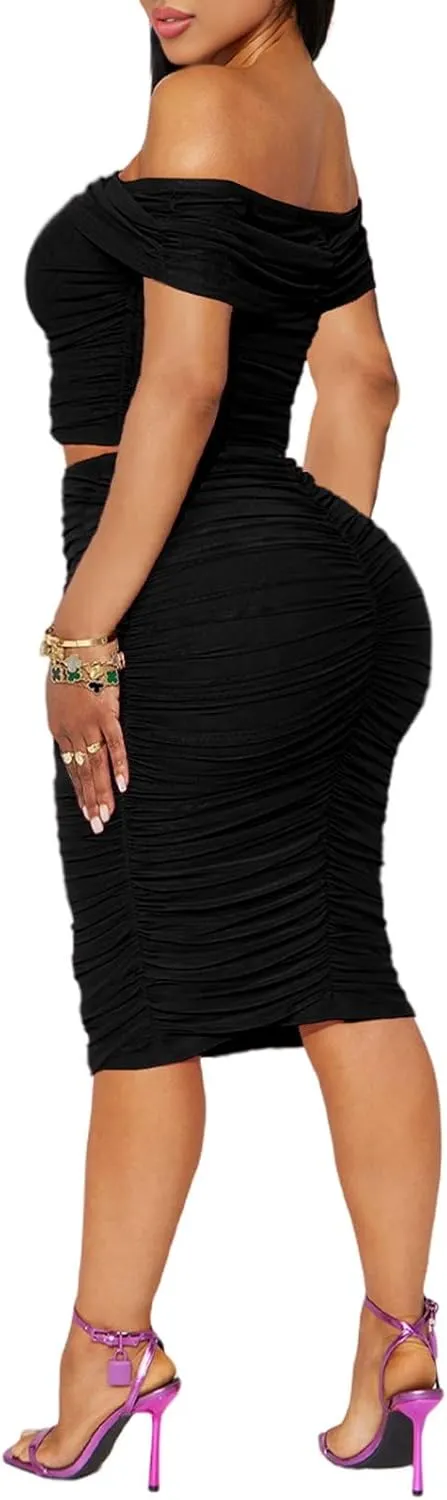 HESUUIO Women's Sexy Two Piece Skirt Set Mesh Off Shoulder Bodycon Ruched Midi Cocktail Party Dress Club Outfit