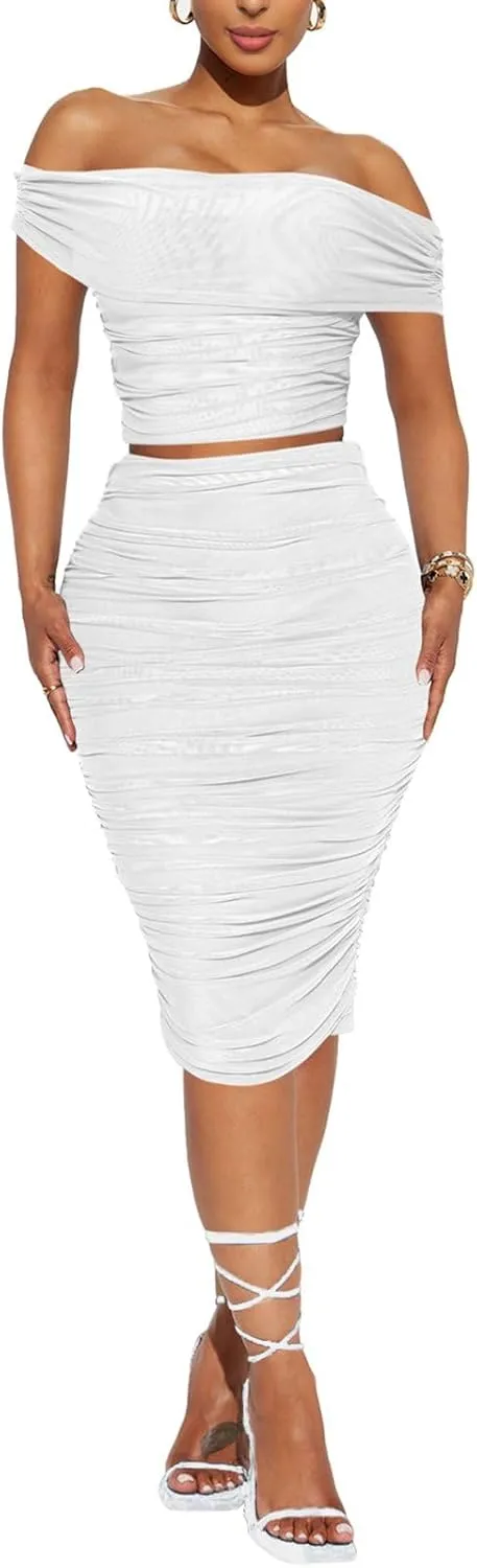 HESUUIO Women's Sexy Two Piece Skirt Set Mesh Off Shoulder Bodycon Ruched Midi Cocktail Party Dress Club Outfit