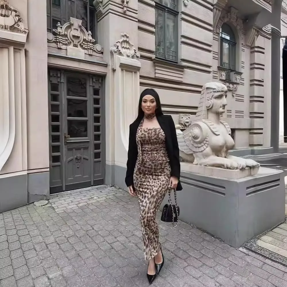 heyheyshine 2 Piece Women's Sexy Skirt Sets Elegant Bodycon Maxi Leopard Print Dress Tank Top Evening Clubwear Y2K Dress Sets