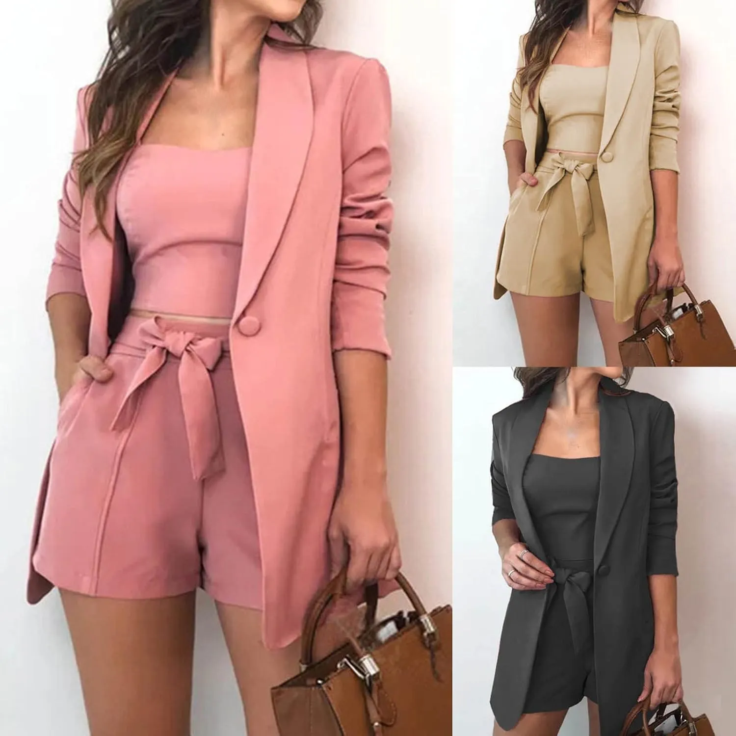HGps8w 3 Piece Blazer Sets for Women Summer Open Front Button Blazer   Crop Tops   Belted Shorts Business Suit Formal Outfits