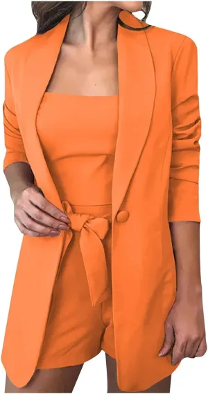HGps8w 3 Piece Blazer Sets for Women Summer Open Front Button Blazer   Crop Tops   Belted Shorts Business Suit Formal Outfits