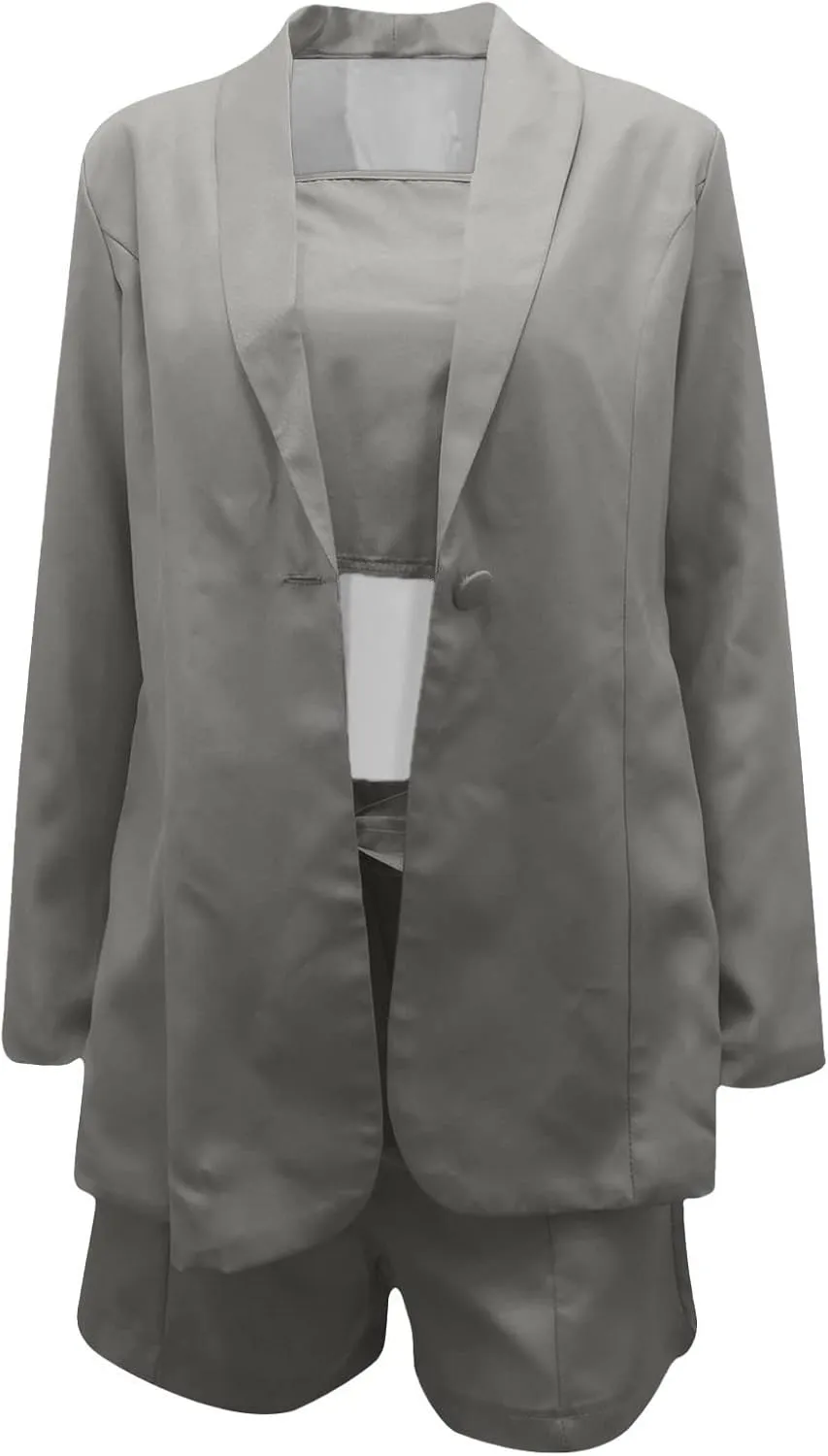 HGps8w 3 Piece Blazer Sets for Women Summer Open Front Button Blazer   Crop Tops   Belted Shorts Business Suit Formal Outfits