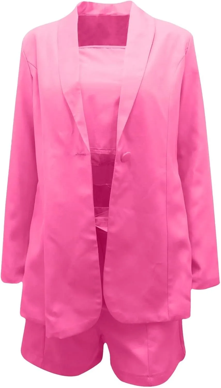 HGps8w 3 Piece Blazer Sets for Women Summer Open Front Button Blazer   Crop Tops   Belted Shorts Business Suit Formal Outfits
