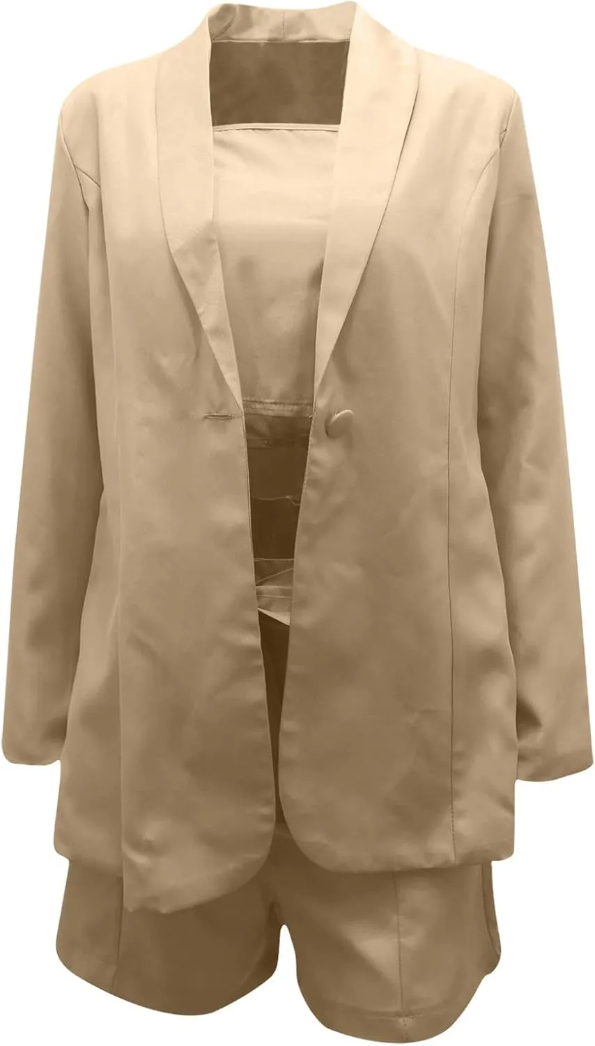 HGps8w 3 Piece Blazer Sets for Women Summer Open Front Button Blazer   Crop Tops   Belted Shorts Business Suit Formal Outfits