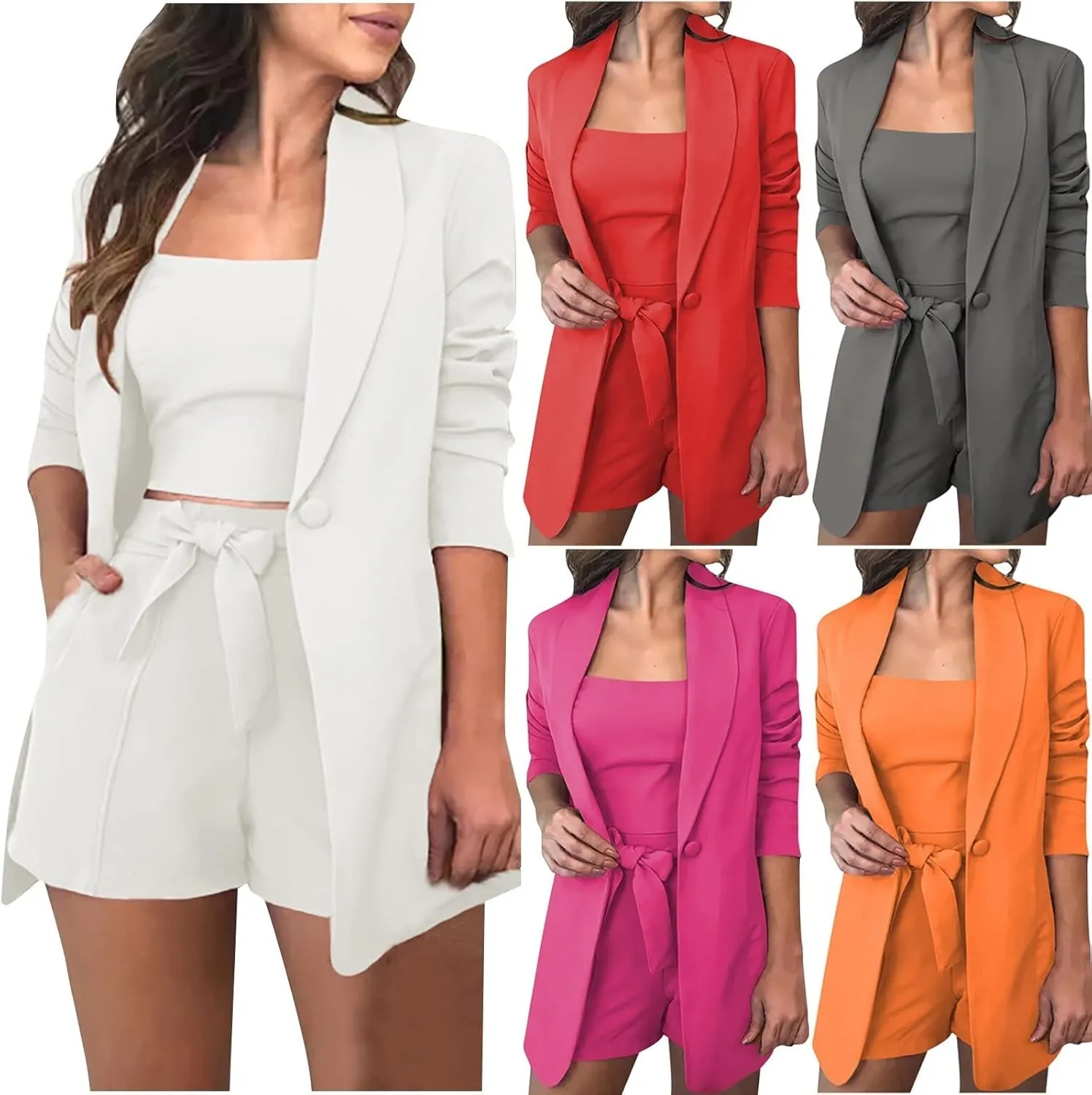 HGps8w 3 Piece Blazer Sets for Women Summer Open Front Button Blazer   Crop Tops   Belted Shorts Business Suit Formal Outfits