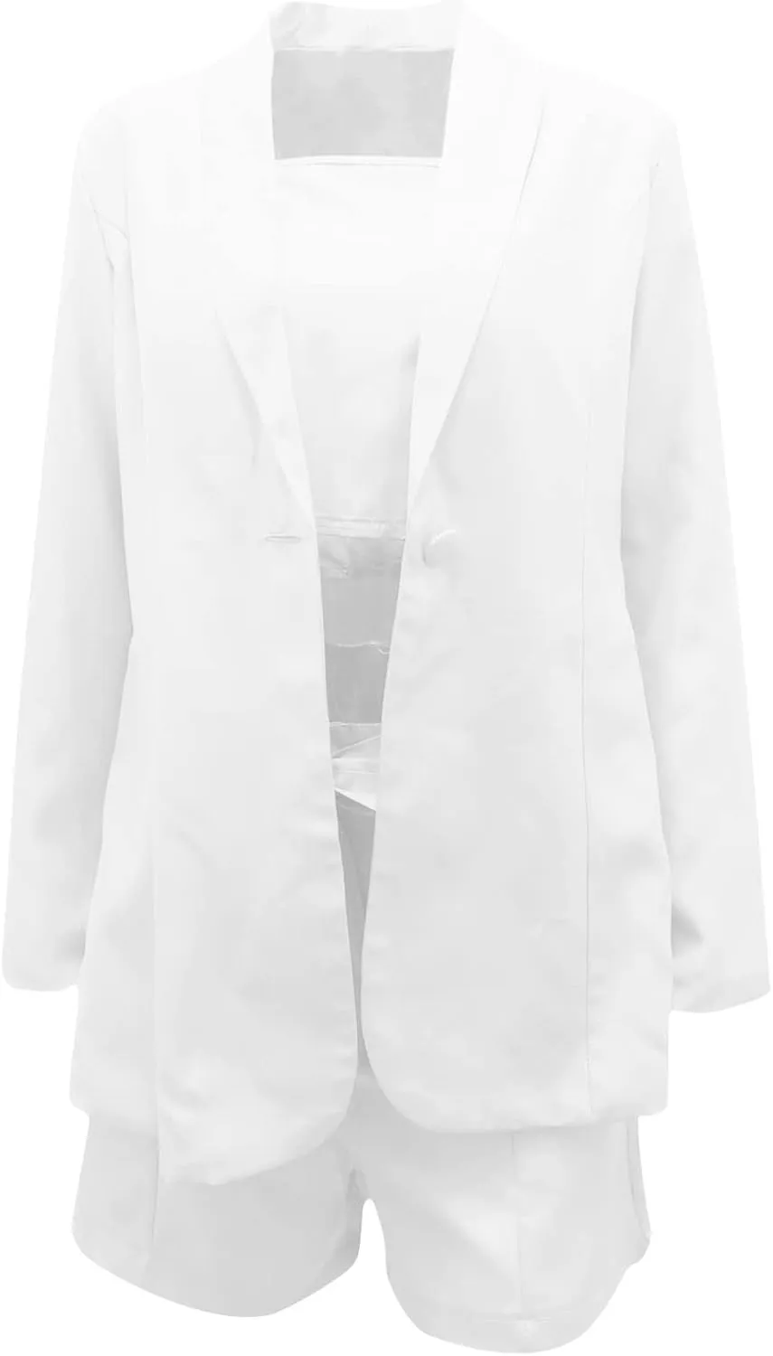 HGps8w 3 Piece Blazer Sets for Women Summer Open Front Button Blazer   Crop Tops   Belted Shorts Business Suit Formal Outfits