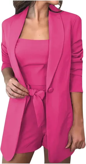 HGps8w 3 Piece Blazer Sets for Women Summer Open Front Button Blazer   Crop Tops   Belted Shorts Business Suit Formal Outfits