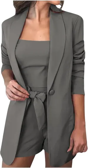 HGps8w 3 Piece Blazer Sets for Women Summer Open Front Button Blazer   Crop Tops   Belted Shorts Business Suit Formal Outfits