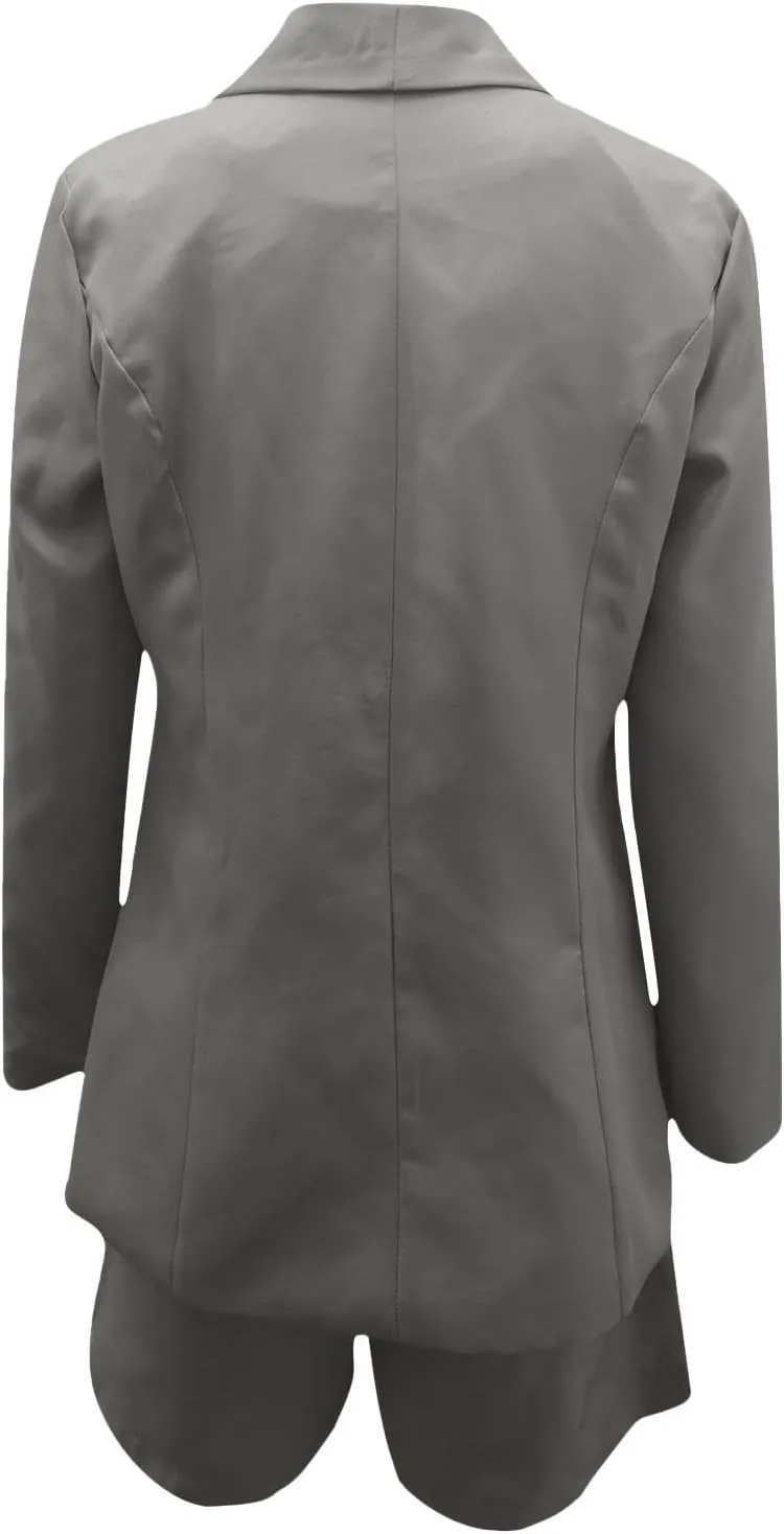 HGps8w 3 Piece Blazer Sets for Women Summer Open Front Button Blazer   Crop Tops   Belted Shorts Business Suit Formal Outfits