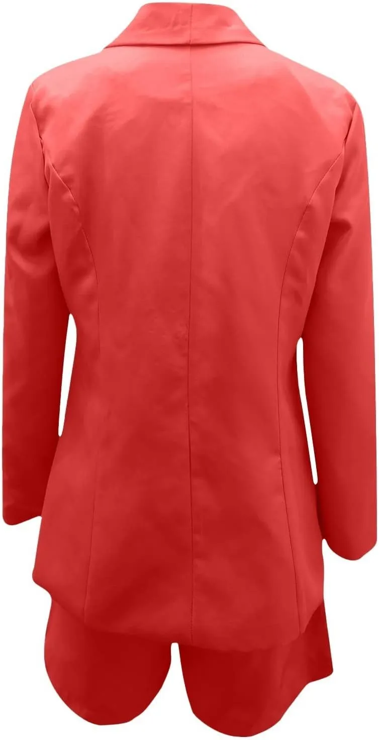 HGps8w 3 Piece Blazer Sets for Women Summer Open Front Button Blazer   Crop Tops   Belted Shorts Business Suit Formal Outfits