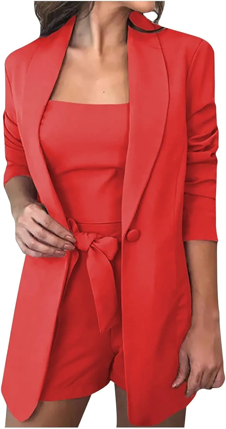 HGps8w 3 Piece Blazer Sets for Women Summer Open Front Button Blazer   Crop Tops   Belted Shorts Business Suit Formal Outfits